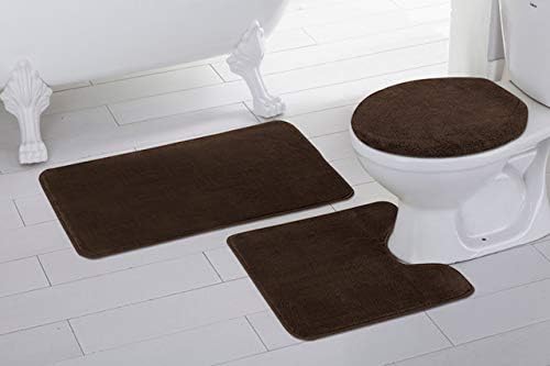 Elegant Homes 3 Piece Bathroom Rug Set Bath Rug, Contour Mat, & Lid Cover Non-Slip with Rubber Backing Solid Color # Angela (Silver/Light Grey)