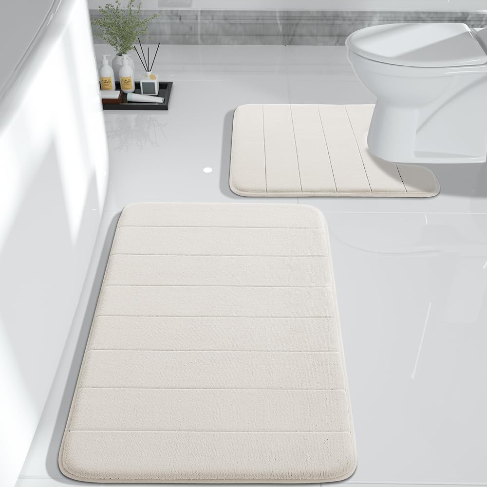 Yimobra Large Bath Mat Set 2 Piece- Super Soft Absorbent Quick Dry Memory Foam Bathroom Rugs, Machine Washable Non Slip Floor Carpet for Tub Shower & Double Vanity (17x24 & 44x24, Gray)