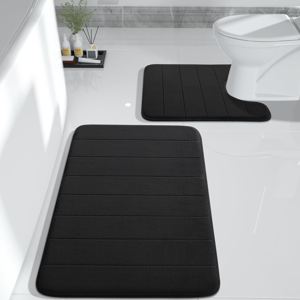 Yimobra Large Bath Mat Set 2 Piece- Super Soft Absorbent Quick Dry Memory Foam Bathroom Rugs, Machine Washable Non Slip Floor Carpet for Tub Shower & Double Vanity (17x24 & 44x24, Gray)