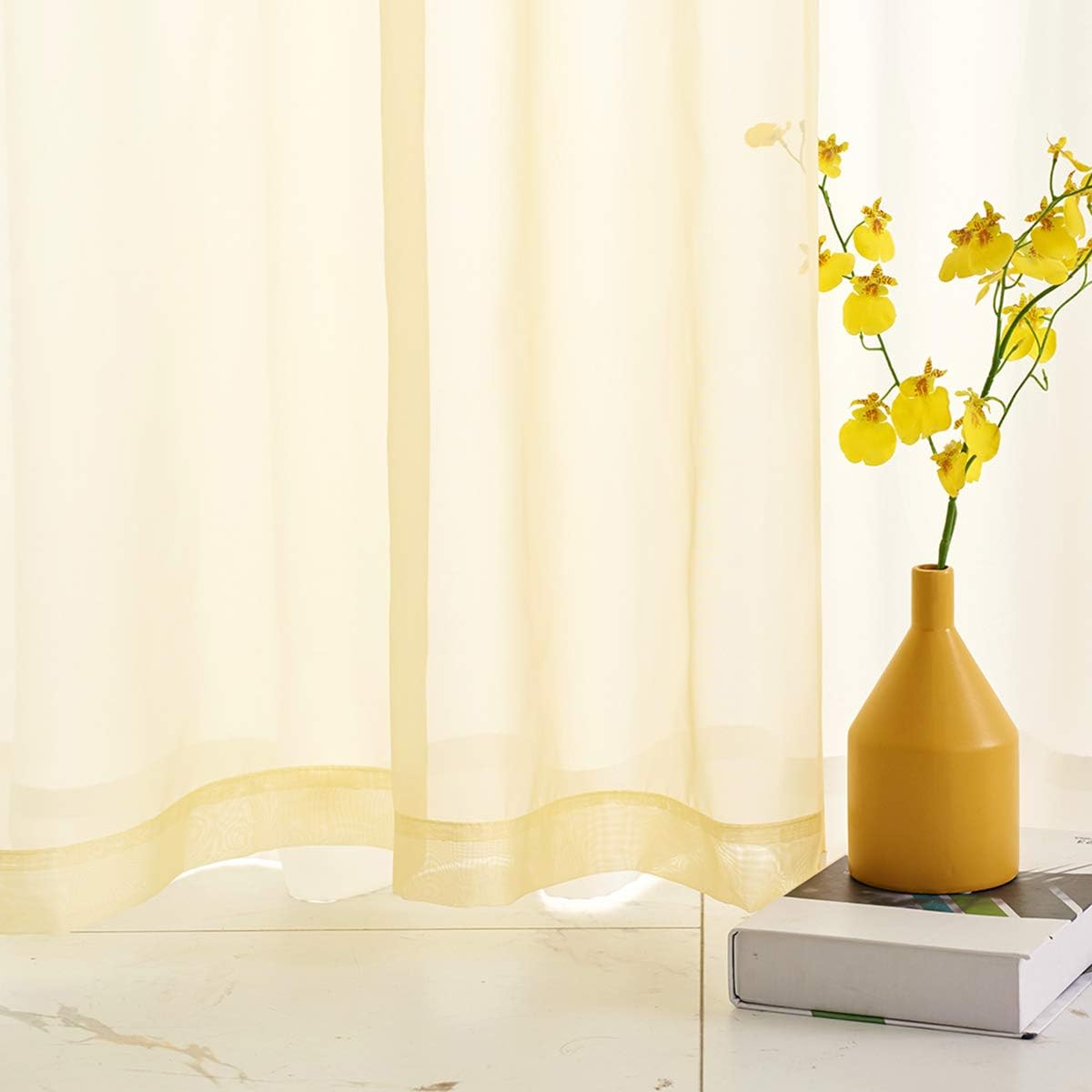 Light Yellow Sheer Voile Curtains Translucent Solid Color Window Treatment 63 Inch Length Panels Rod Pocket Light Yellow Sheers for Bedroom Living Room 2 Panels 52x63