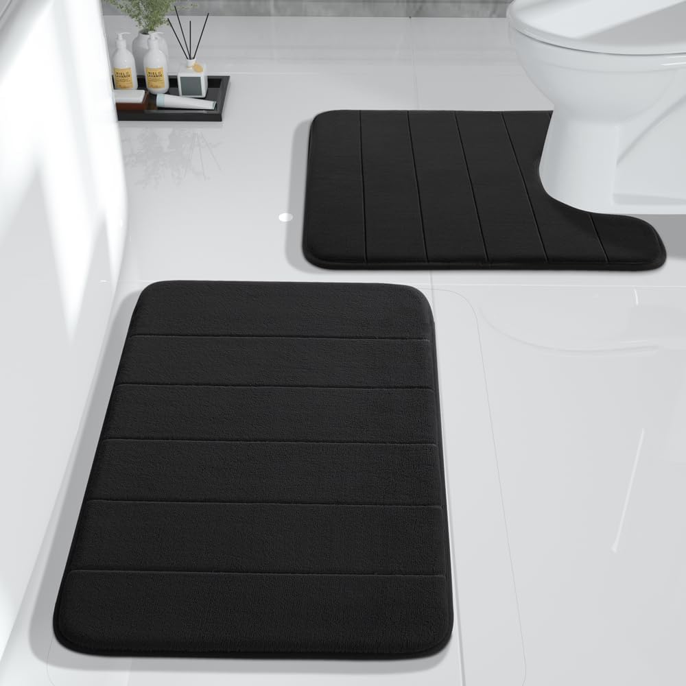 Yimobra Large Bath Mat Set 2 Piece- Super Soft Absorbent Quick Dry Memory Foam Bathroom Rugs, Machine Washable Non Slip Floor Carpet for Tub Shower & Double Vanity (17x24 & 44x24, Gray)
