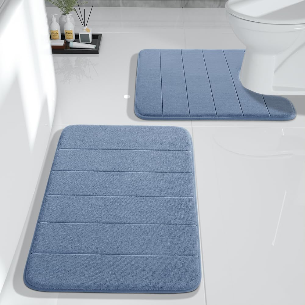 Yimobra Large Bath Mat Set 2 Piece- Super Soft Absorbent Quick Dry Memory Foam Bathroom Rugs, Machine Washable Non Slip Floor Carpet for Tub Shower & Double Vanity (17x24 & 44x24, Gray)