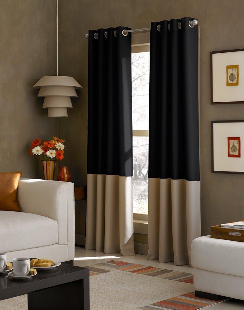 Curtainworks Kendall Color Block Grommet Curtain Panel, 84-Inch, Ivory/Tan