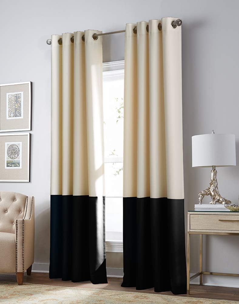 Curtainworks Kendall Color Block Grommet Curtain Panel, 84-Inch, Ivory/Tan