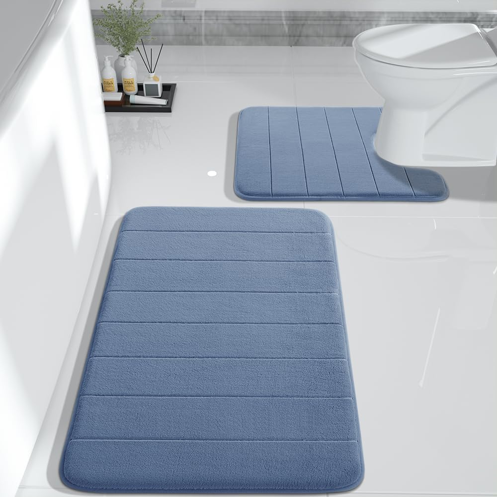 Yimobra Large Bath Mat Set 2 Piece- Super Soft Absorbent Quick Dry Memory Foam Bathroom Rugs, Machine Washable Non Slip Floor Carpet for Tub Shower & Double Vanity (17x24 & 44x24, Gray)