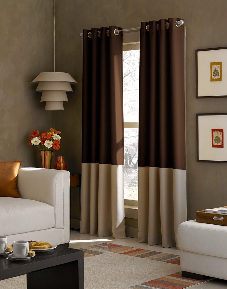 Curtainworks Kendall Color Block Grommet Curtain Panel, 84-Inch, Ivory/Tan