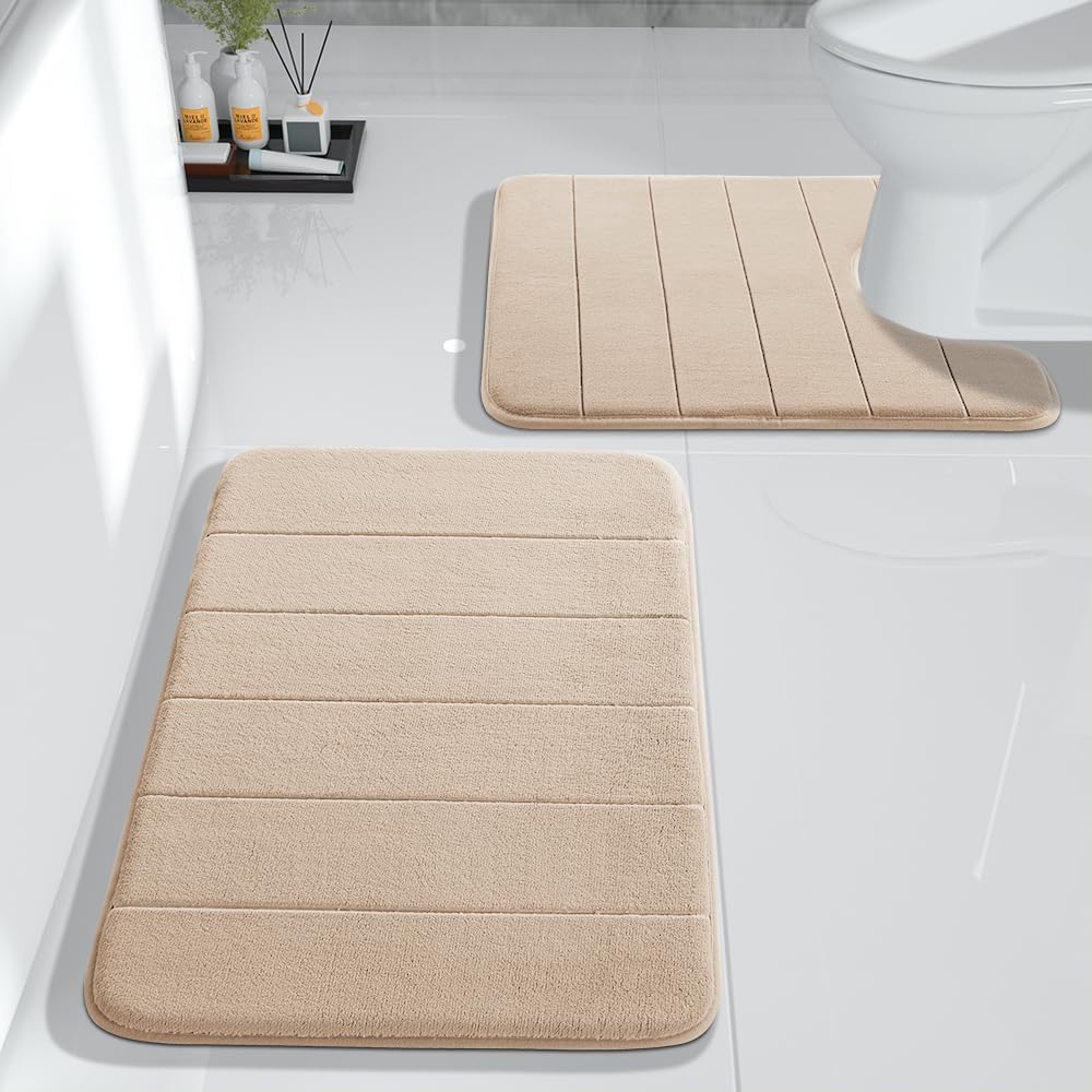 Yimobra Large Bath Mat Set 2 Piece- Super Soft Absorbent Quick Dry Memory Foam Bathroom Rugs, Machine Washable Non Slip Floor Carpet for Tub Shower & Double Vanity (17x24 & 44x24, Gray)