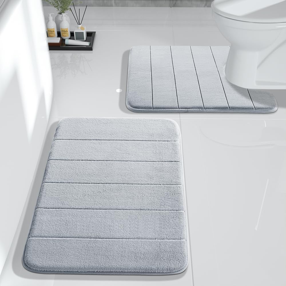 Yimobra Large Bath Mat Set 2 Piece- Super Soft Absorbent Quick Dry Memory Foam Bathroom Rugs, Machine Washable Non Slip Floor Carpet for Tub Shower & Double Vanity (17x24 & 44x24, Gray)
