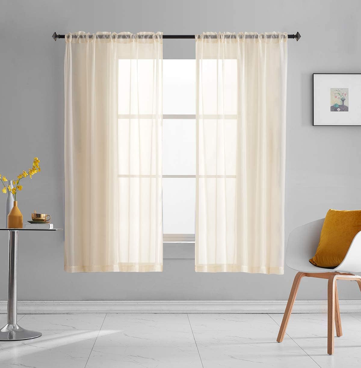 Light Yellow Sheer Voile Curtains Translucent Solid Color Window Treatment 63 Inch Length Panels Rod Pocket Light Yellow Sheers for Bedroom Living Room 2 Panels 52x63