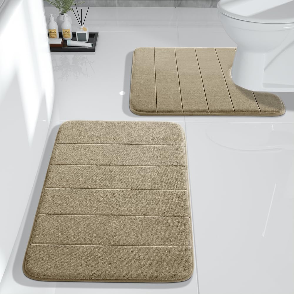 Yimobra Large Bath Mat Set 2 Piece- Super Soft Absorbent Quick Dry Memory Foam Bathroom Rugs, Machine Washable Non Slip Floor Carpet for Tub Shower & Double Vanity (17x24 & 44x24, Gray)