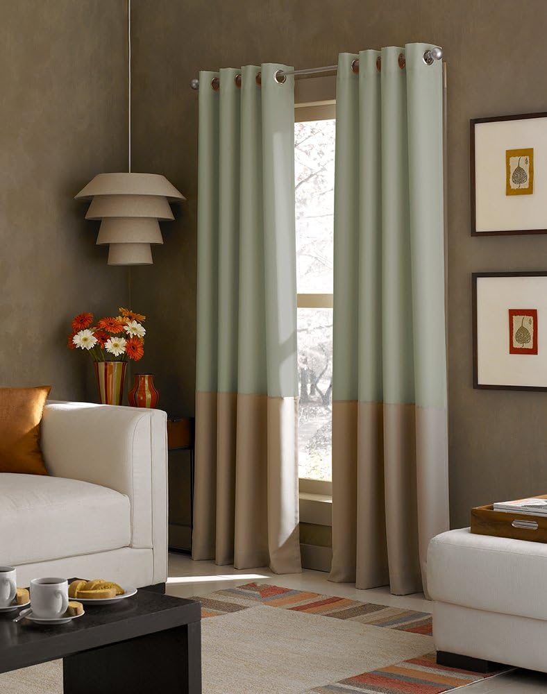 Curtainworks Kendall Color Block Grommet Curtain Panel, 84-Inch, Ivory/Tan