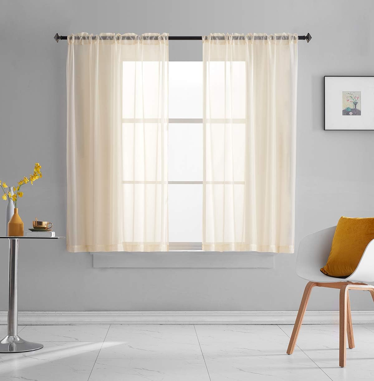 Light Yellow Sheer Voile Curtains Translucent Solid Color Window Treatment 63 Inch Length Panels Rod Pocket Light Yellow Sheers for Bedroom Living Room 2 Panels 52x63