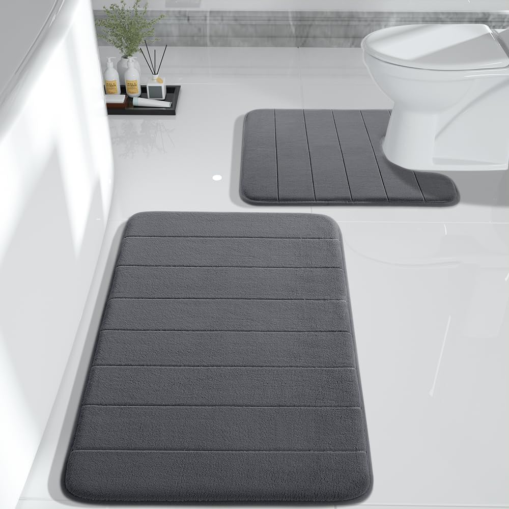 Yimobra Large Bath Mat Set 2 Piece- Super Soft Absorbent Quick Dry Memory Foam Bathroom Rugs, Machine Washable Non Slip Floor Carpet for Tub Shower & Double Vanity (17x24 & 44x24, Gray)