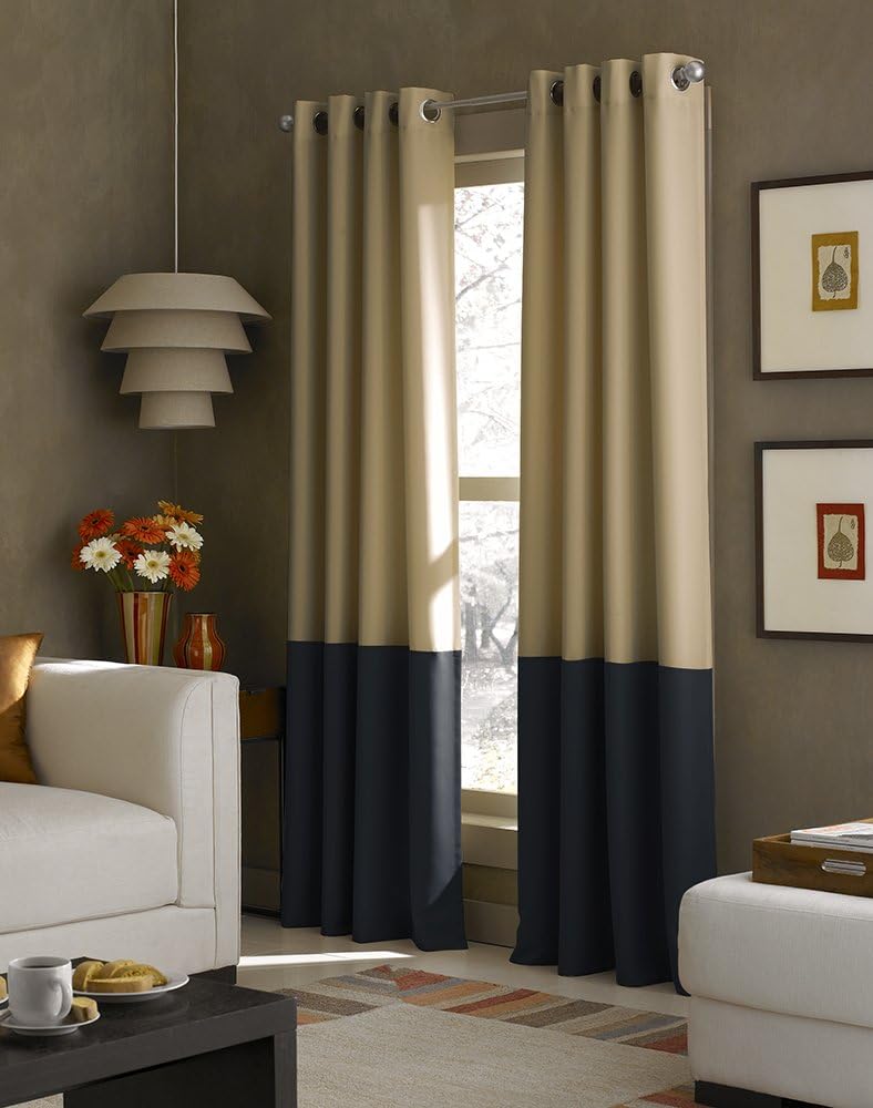 Curtainworks Kendall Color Block Grommet Curtain Panel, 84-Inch, Ivory/Tan