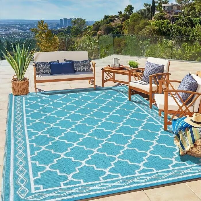 GAOMON Outdoor Plastic Straw Rug, 10'x20' Reversible Sage Green Patio Mat, Flower Modern Design for RV, Backyard, Deck, Camping, Picnic, Teal/Yellow(Bohemia)