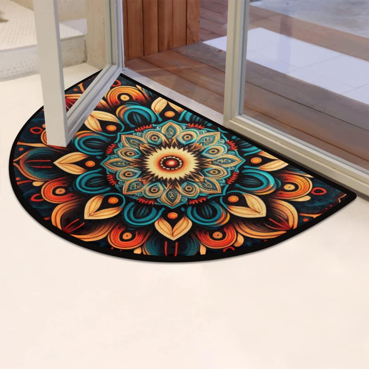 Pardick Boho Flower Half Round Doormat Ethnic Floral Semi Circle Area Rug Non Slip Indoor Outdoor Entrance Half Moon Rug Absorbent Durable Washable Front Floor Mat for Kitchen Bedroom Patio Fireplace