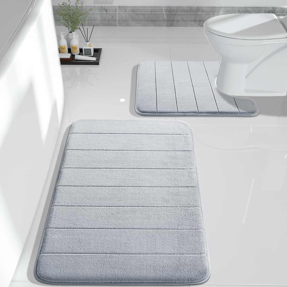 Yimobra Large Bath Mat Set 2 Piece- Super Soft Absorbent Quick Dry Memory Foam Bathroom Rugs, Machine Washable Non Slip Floor Carpet for Tub Shower & Double Vanity (17x24 & 44x24, Gray)