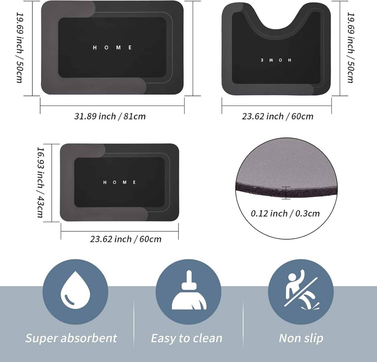 Housego 3PCS Absorbent Bath Mat Magic Rug Sets, Quick Drying Bath Mat Non-Slip Floor Rug Rubber Backed for Bathroom Kitchen Shower Sink (16.9''x23.6''+19.7''x23.6''+19.7''x31.9'', Black)