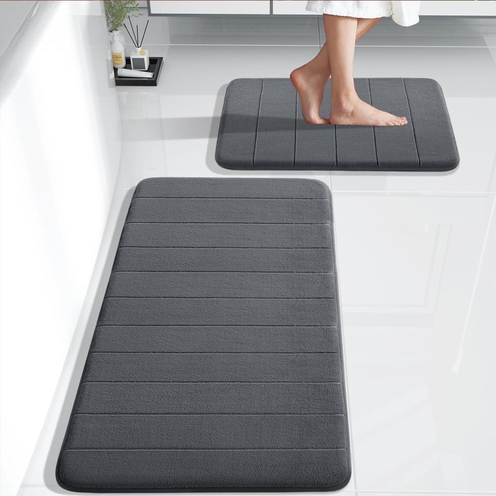 Yimobra Large Bath Mat Set 2 Piece- Super Soft Absorbent Quick Dry Memory Foam Bathroom Rugs, Machine Washable Non Slip Floor Carpet for Tub Shower & Double Vanity (17x24 & 44x24, Gray)