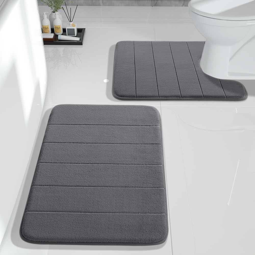 Yimobra Large Bath Mat Set 2 Piece- Super Soft Absorbent Quick Dry Memory Foam Bathroom Rugs, Machine Washable Non Slip Floor Carpet for Tub Shower & Double Vanity (17x24 & 44x24, Gray)