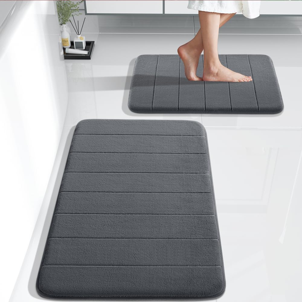 Yimobra Large Bath Mat Set 2 Piece- Super Soft Absorbent Quick Dry Memory Foam Bathroom Rugs, Machine Washable Non Slip Floor Carpet for Tub Shower & Double Vanity (17x24 & 44x24, Gray)