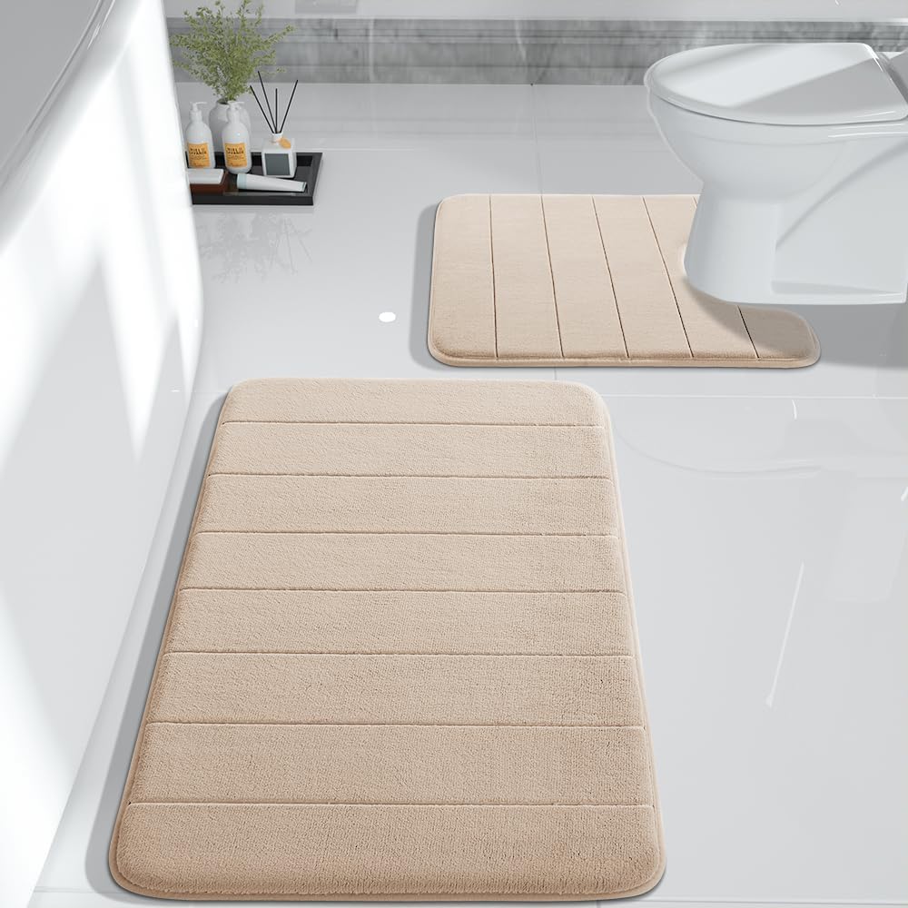 Yimobra Large Bath Mat Set 2 Piece- Super Soft Absorbent Quick Dry Memory Foam Bathroom Rugs, Machine Washable Non Slip Floor Carpet for Tub Shower & Double Vanity (17x24 & 44x24, Gray)