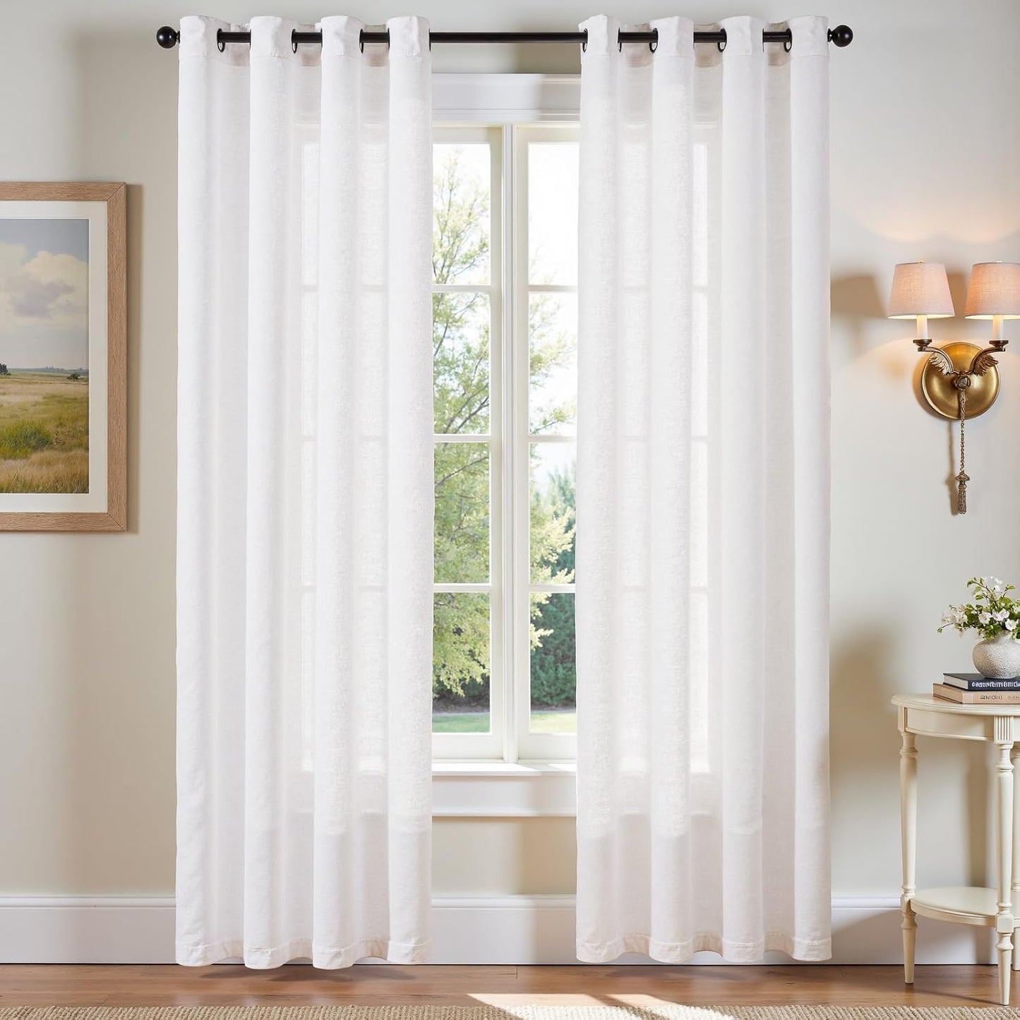 jinchan Linen Blend Semi Sheer Curtains 50W x 84L Inch Beige for Bedroom Curtains Light Weight Soft Window Grommet Drapes 2-Panel Set