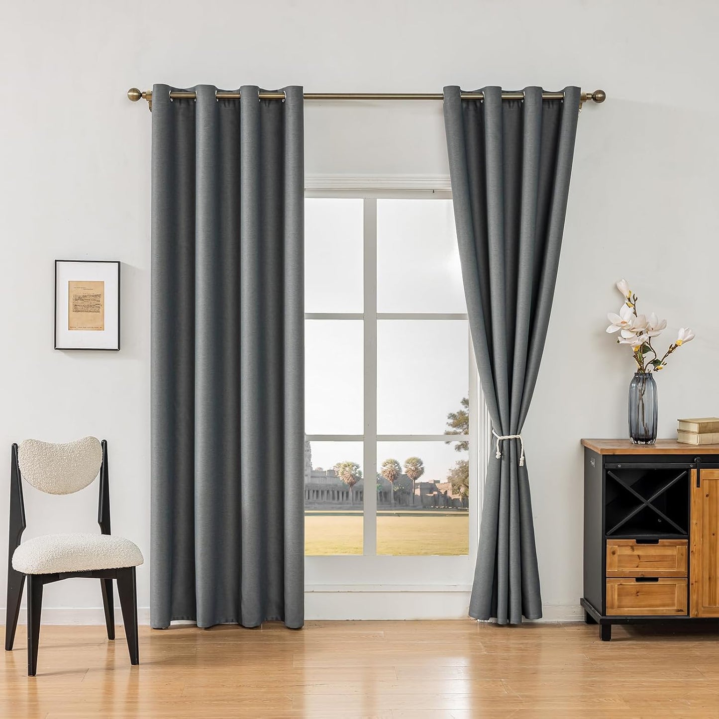 100% Blackout Linen Textured Curtains for Bedroom, Solid Thermal Insulated Grommet Blackout Curtains/Drapes with Black Liner for Living Room Window, 52W x 63L, 2 Panels, Dark Navy Blue