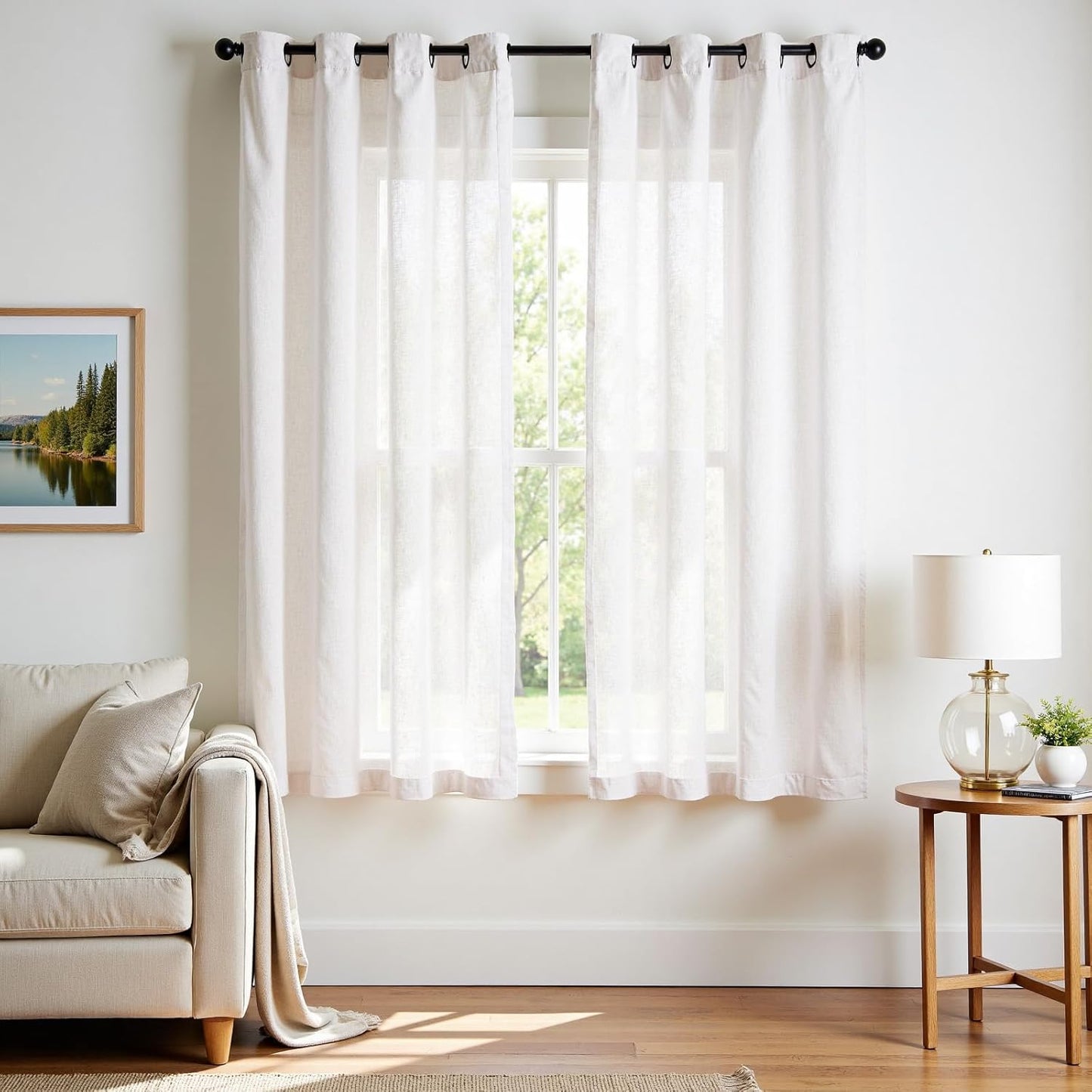 jinchan Linen Blend Semi Sheer Curtains 50W x 84L Inch Beige for Bedroom Curtains Light Weight Soft Window Grommet Drapes 2-Panel Set