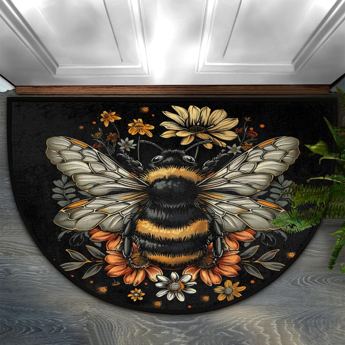 Pardick Boho Flower Half Round Doormat Ethnic Floral Semi Circle Area Rug Non Slip Indoor Outdoor Entrance Half Moon Rug Absorbent Durable Washable Front Floor Mat for Kitchen Bedroom Patio Fireplace