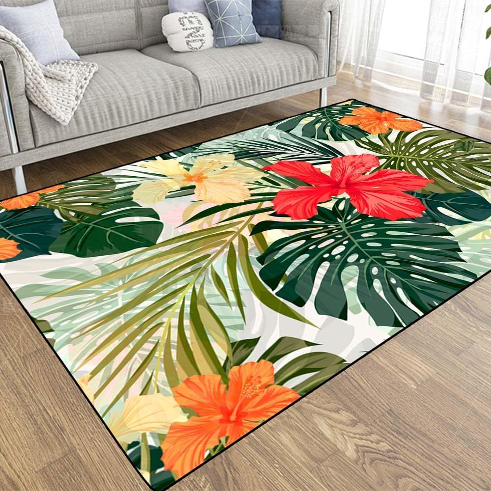 Collect Modern Carpets,Farmhouse Area Rug Summer Colorful Hawaiian Pattern Tropical Plants Hibiscus Flowers Traditional Carpet,Suitable for Living Room,Kitchen,Outdoor,5X7