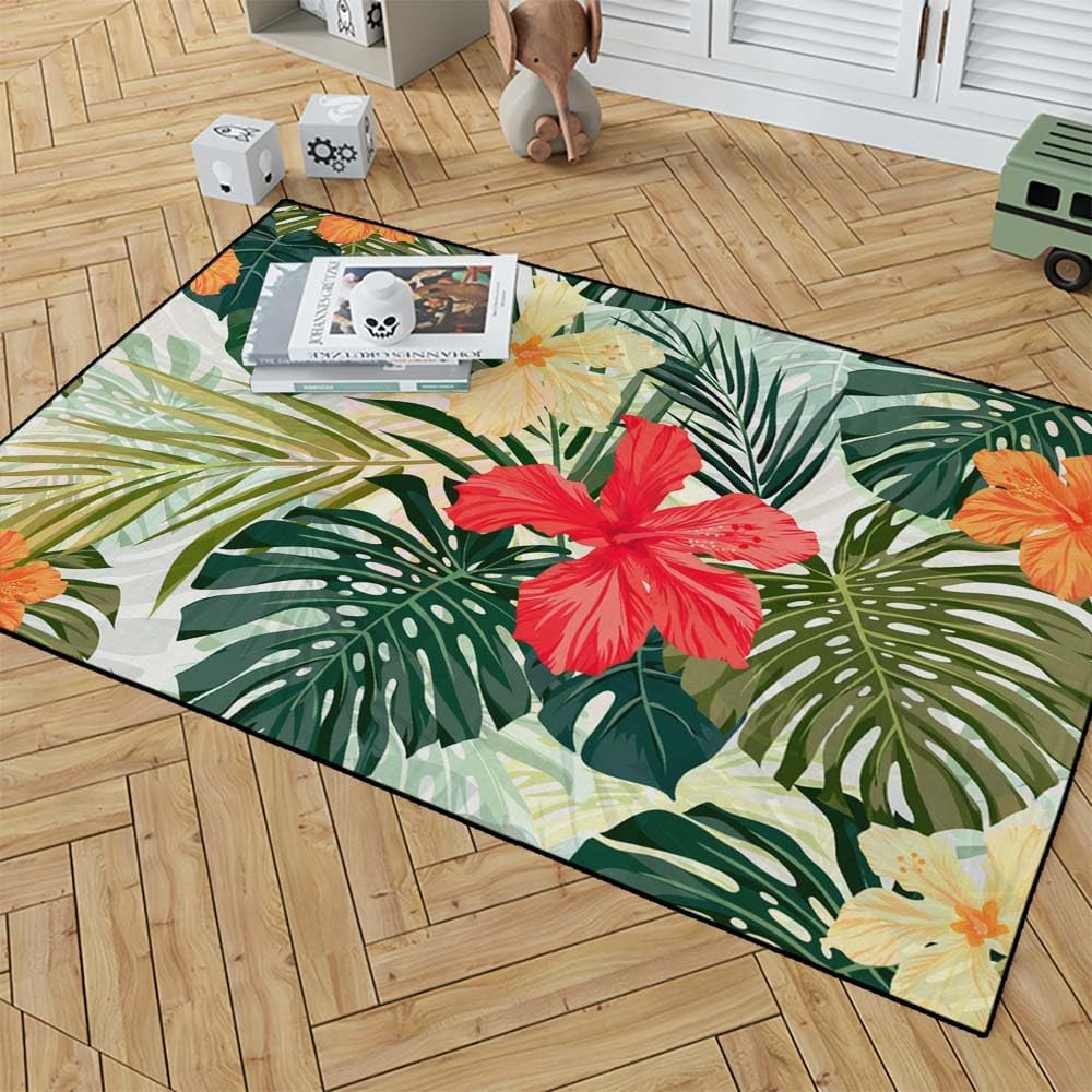 Collect Modern Carpets,Farmhouse Area Rug Summer Colorful Hawaiian Pattern Tropical Plants Hibiscus Flowers Traditional Carpet,Suitable for Living Room,Kitchen,Outdoor,5X7