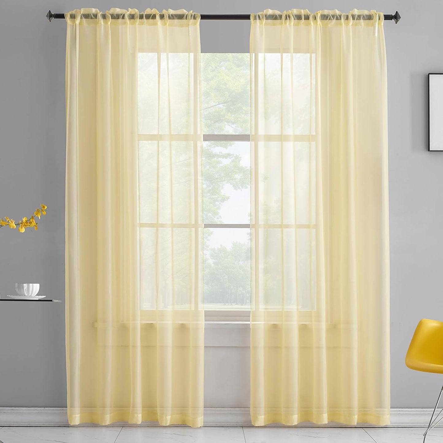 Light Yellow Sheer Voile Curtains Translucent Solid Color Window Treatment 63 Inch Length Panels Rod Pocket Light Yellow Sheers for Bedroom Living Room 2 Panels 52x63
