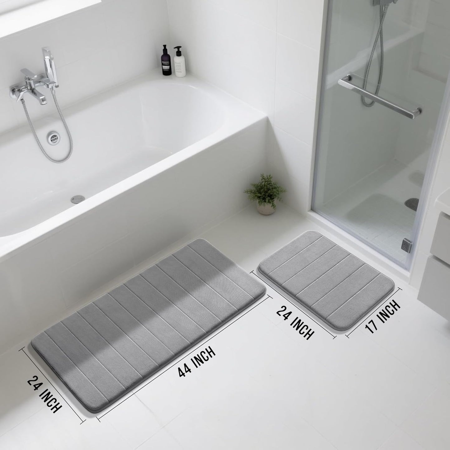 Yimobra Large Bath Mat Set 2 Piece- Super Soft Absorbent Quick Dry Memory Foam Bathroom Rugs, Machine Washable Non Slip Floor Carpet for Tub Shower & Double Vanity (17x24 & 44x24, Gray)