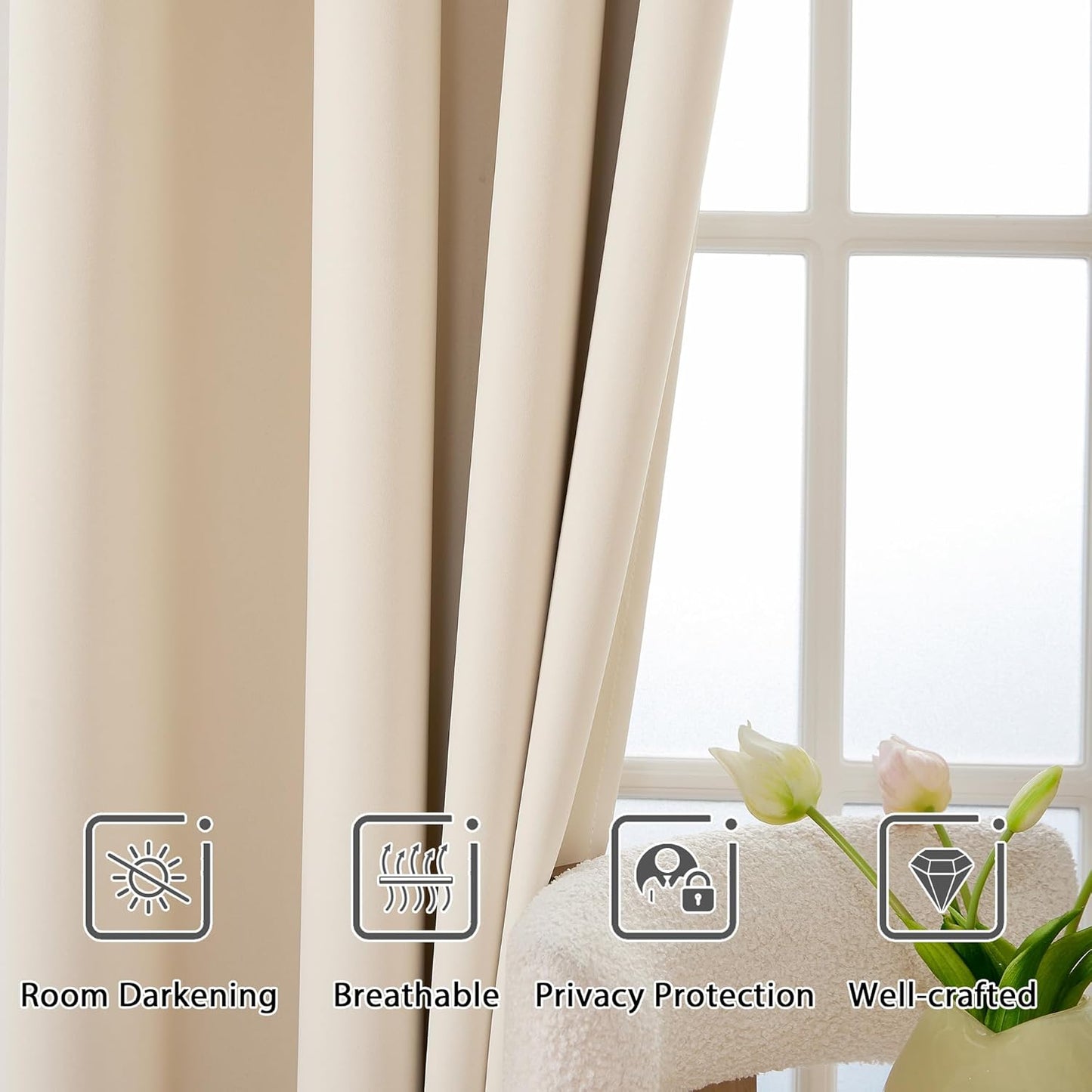 108 Inches Beige Blackout Curtains Room Darkening Thermal Insulated Drapes Grommet Top Light Blocking Curtain for Living Room Bedroom (2 Panels, W52 x L108 Inch, Beige Cream)