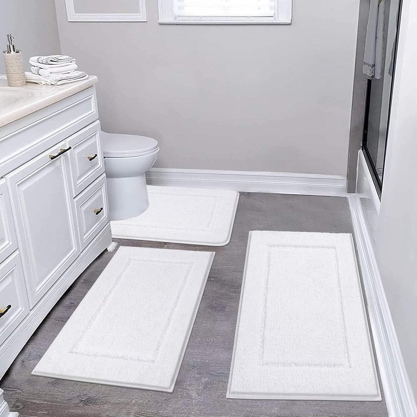 Pauwer Bathroom Rug Mat Set 3 Piece, Microfiber Shaggy Bath Set, Non-Slip Ultra Soft Carpet Mats, Absorbent with U-Shaped Toilet for Bathroom, Tub, Shower, Dark Grey