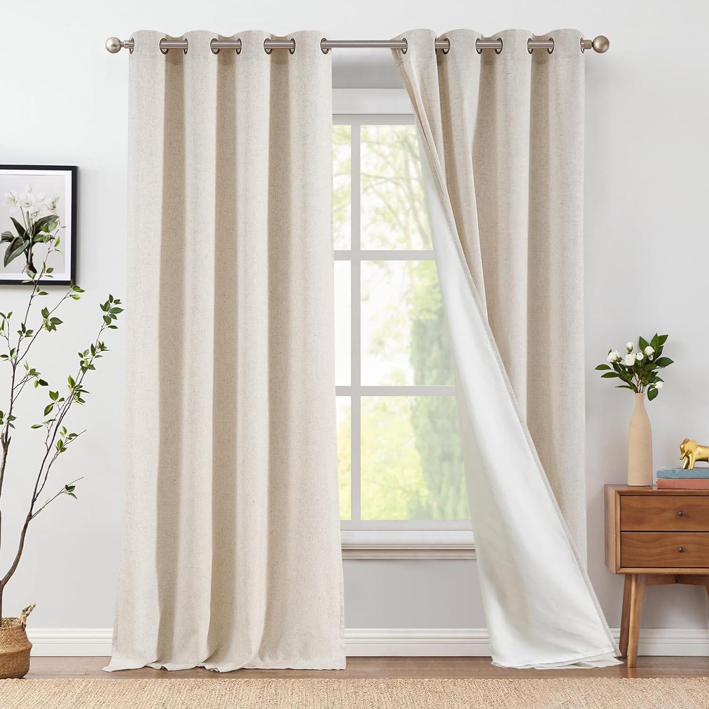 jinchan Linen Blend Semi Sheer Curtains 50W x 84L Inch Beige for Bedroom Curtains Light Weight Soft Window Grommet Drapes 2-Panel Set