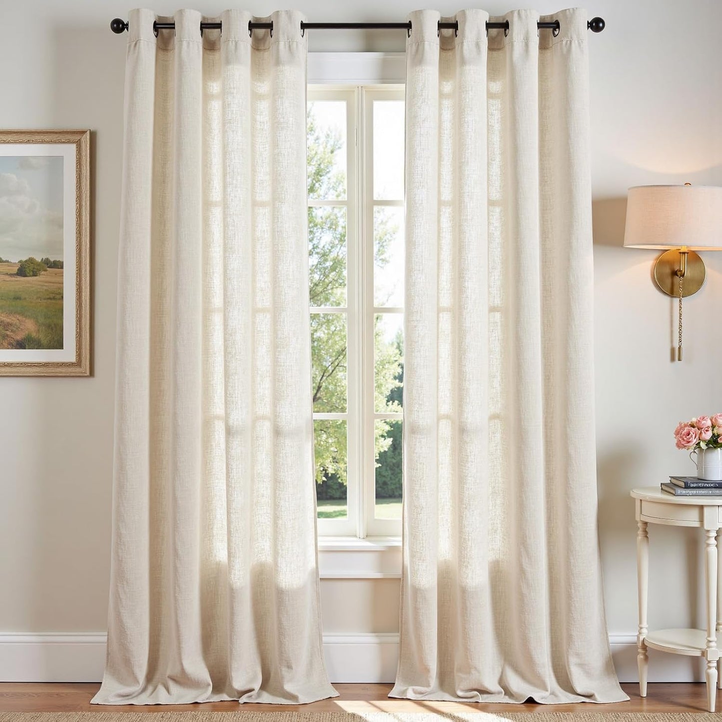jinchan Linen Blend Semi Sheer Curtains 50W x 84L Inch Beige for Bedroom Curtains Light Weight Soft Window Grommet Drapes 2-Panel Set