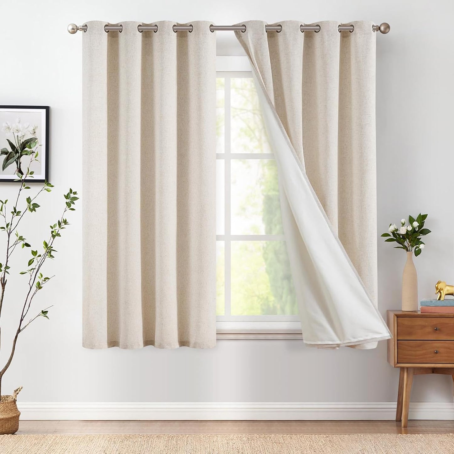 jinchan Linen Blend Semi Sheer Curtains 50W x 84L Inch Beige for Bedroom Curtains Light Weight Soft Window Grommet Drapes 2-Panel Set