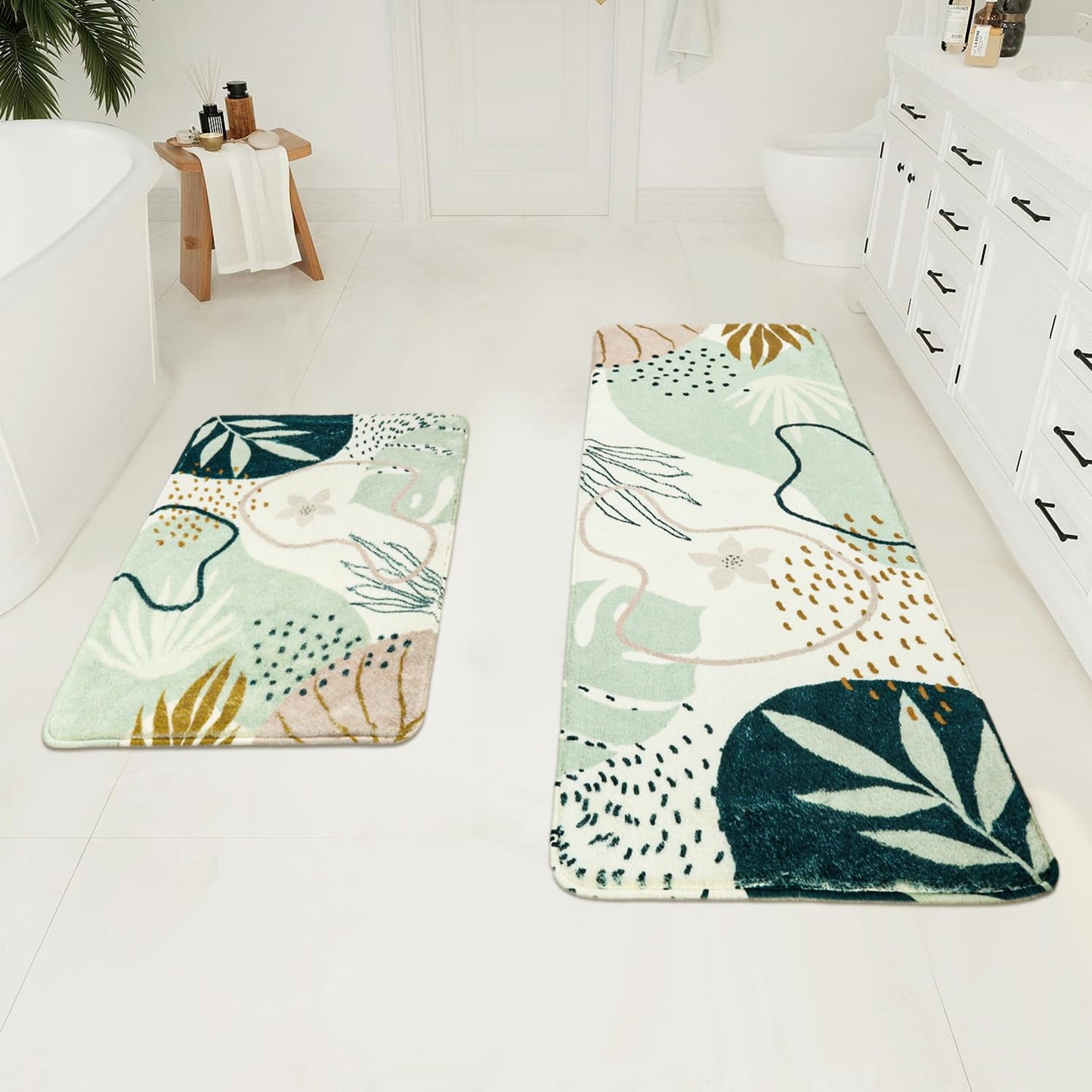 Uphome Sage Green Bathroom Rug Set, Cute Abstract Plant Bath Mat Set, Non Slip Machine Washable Bath Rugs, Soft Velvet Small Bathroom Mat, Mid Centry Aesthetic Botanical Floor Mats for Tub Sink Shower