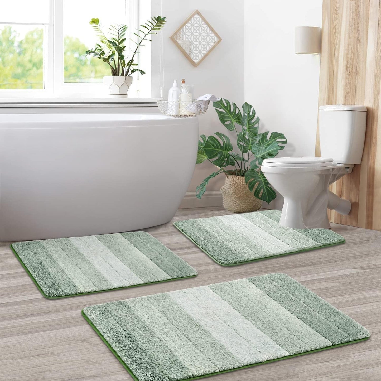 Kmson 2 Piece Ombre Bathroom Rugs Set, Non Slip, Quick Drying, Ultra Soft and Water Absorbent Bath Carpet for Bedroom Floor Living Room,Machine Washable Green