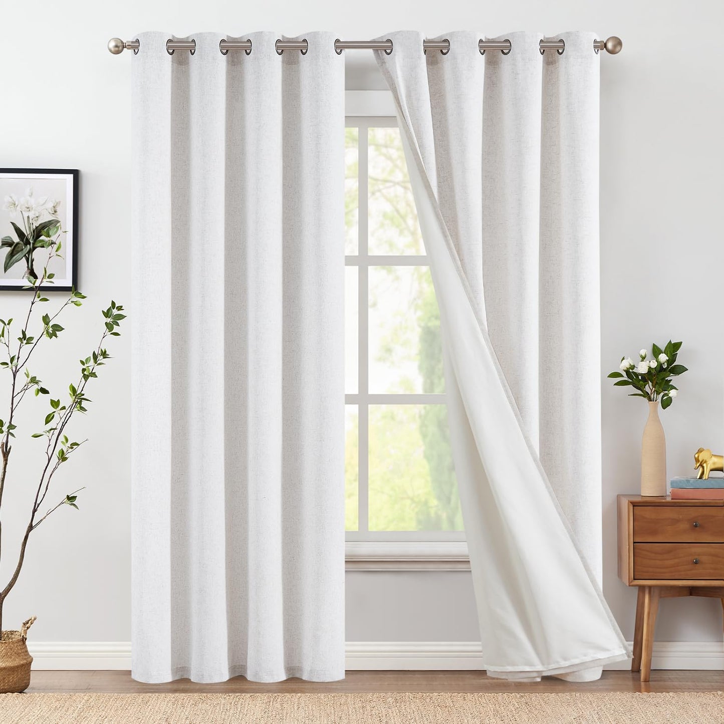 jinchan Linen Blend Semi Sheer Curtains 50W x 84L Inch Beige for Bedroom Curtains Light Weight Soft Window Grommet Drapes 2-Panel Set