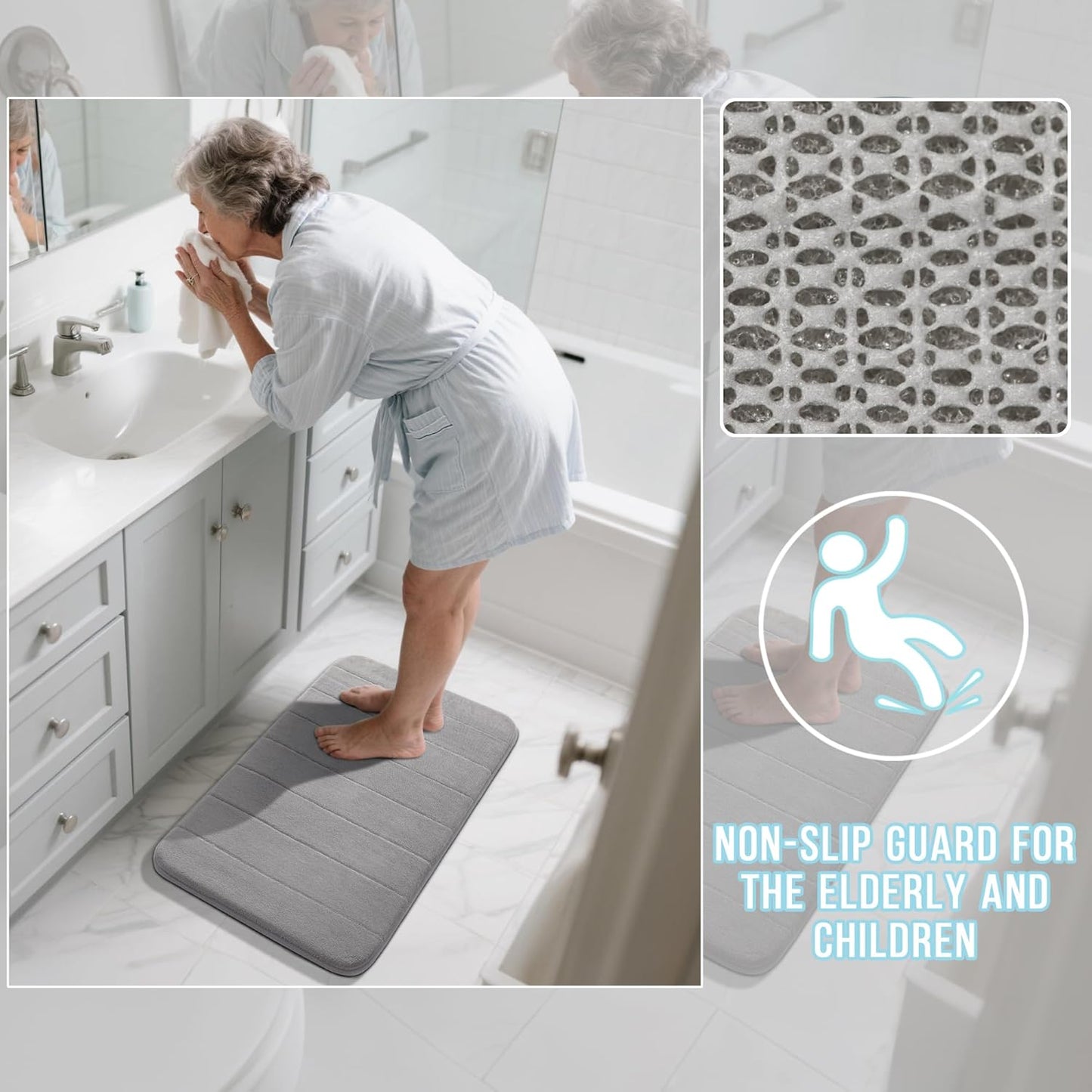 Yimobra Large Bath Mat Set 2 Piece- Super Soft Absorbent Quick Dry Memory Foam Bathroom Rugs, Machine Washable Non Slip Floor Carpet for Tub Shower & Double Vanity (17x24 & 44x24, Gray)