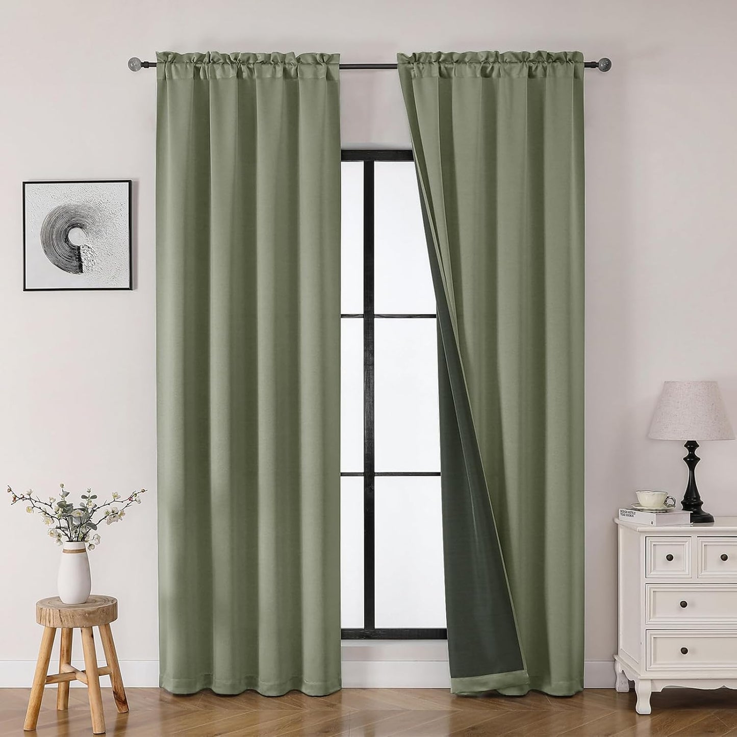 OWENIE Heidi Sage Green Curtains for Living Room 63 Inch Length 2 Panels Set, Light Filtering Solid Curtain for Bedroom, Rod Pocket Window Curtains & Drapes, 2 Pcs Each 40" W 63" L