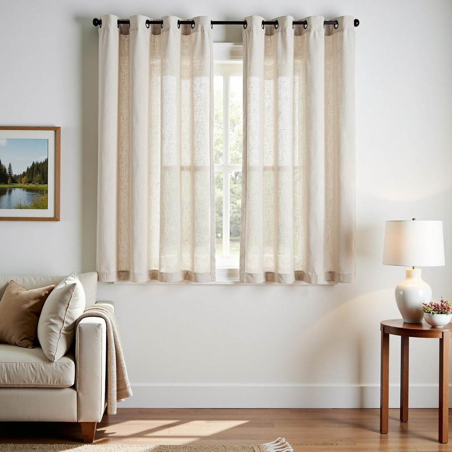 jinchan Linen Blend Semi Sheer Curtains 50W x 84L Inch Beige for Bedroom Curtains Light Weight Soft Window Grommet Drapes 2-Panel Set