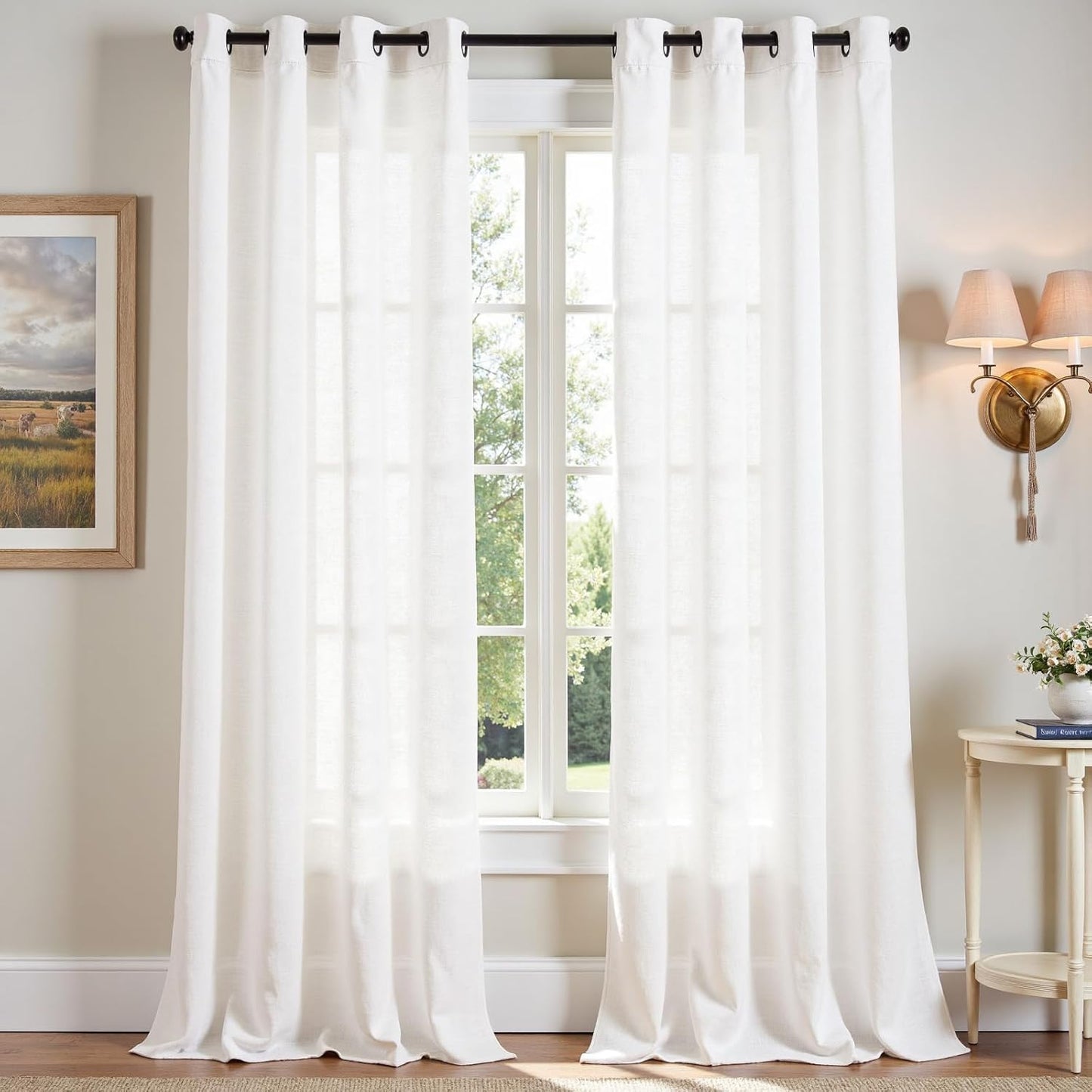 jinchan Linen Blend Semi Sheer Curtains 50W x 84L Inch Beige for Bedroom Curtains Light Weight Soft Window Grommet Drapes 2-Panel Set
