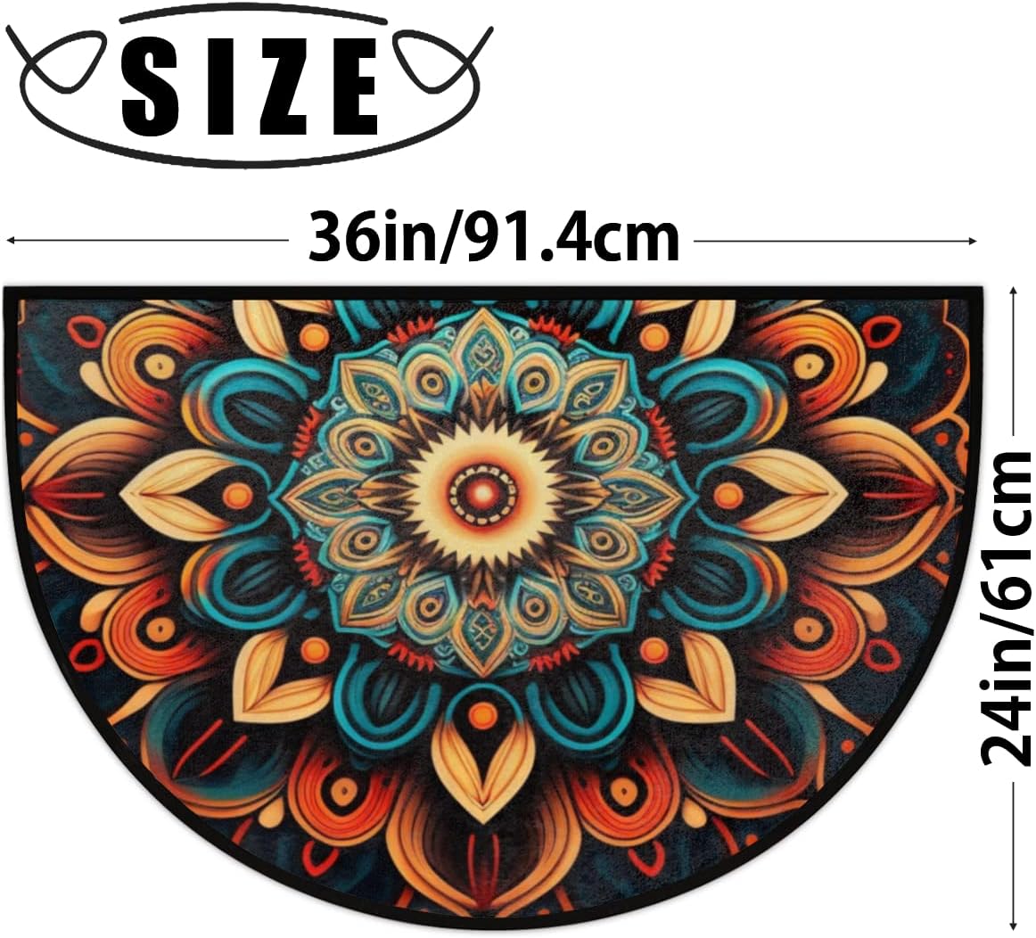 Pardick Boho Flower Half Round Doormat Ethnic Floral Semi Circle Area Rug Non Slip Indoor Outdoor Entrance Half Moon Rug Absorbent Durable Washable Front Floor Mat for Kitchen Bedroom Patio Fireplace