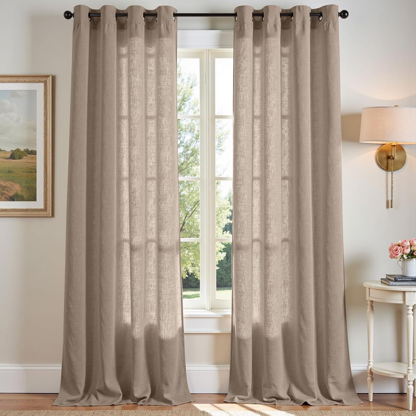 jinchan Linen Blend Semi Sheer Curtains 50W x 84L Inch Beige for Bedroom Curtains Light Weight Soft Window Grommet Drapes 2-Panel Set