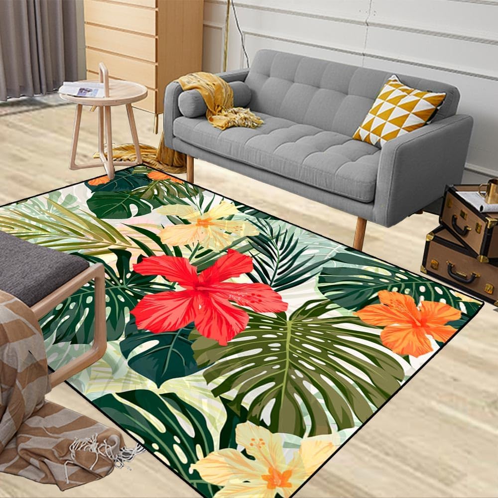 Collect Modern Carpets,Farmhouse Area Rug Summer Colorful Hawaiian Pattern Tropical Plants Hibiscus Flowers Traditional Carpet,Suitable for Living Room,Kitchen,Outdoor,5X7