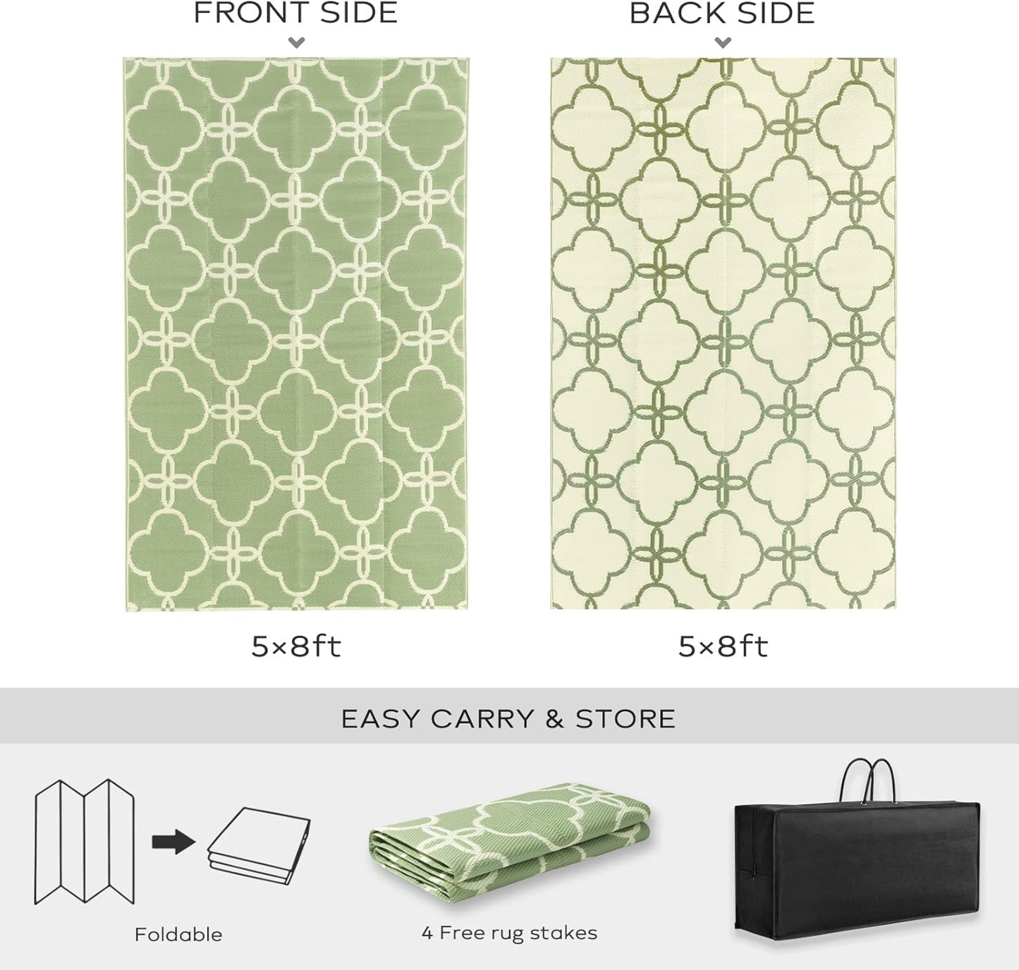 Ashler Outdoor Rug, Outdoor Plastic Straw Rug, 5x8 Reversible Sage Green Patio Mat, Flower Modern Design for RV, Backyard, Deck, Camping, Picnic, Spring, Summer, Durable & Weather-Resistant Area Rug